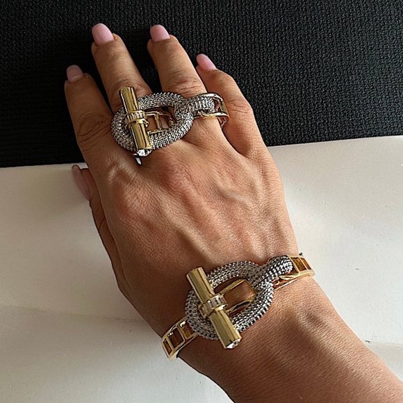 Gold Zircon Bangle Bracelet Two Finger Ring Set Luxury 18K Gold Plated - Picture 4 of 16